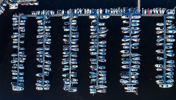 Aerial photo of the marina with parked boats